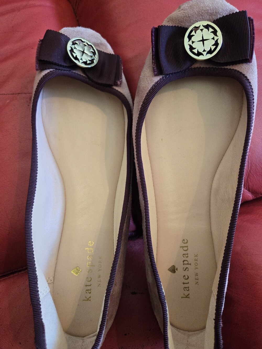 kate spade Plum Suede Bow Ballet Flats with Gold Medallion